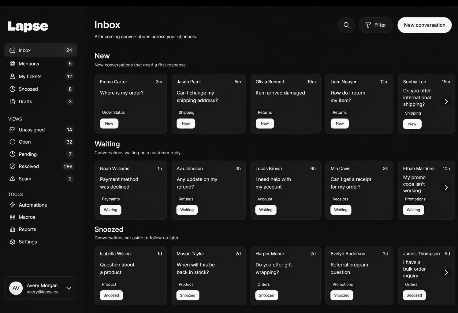 Inbox interface on a dark background